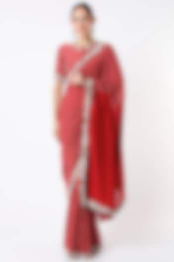 Red Hand Embroidered Saree Set by Soumodeep Dutta