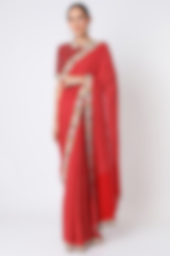 Bright Red Silk Moti Embroidered Saree Set by Soumodeep Dutta