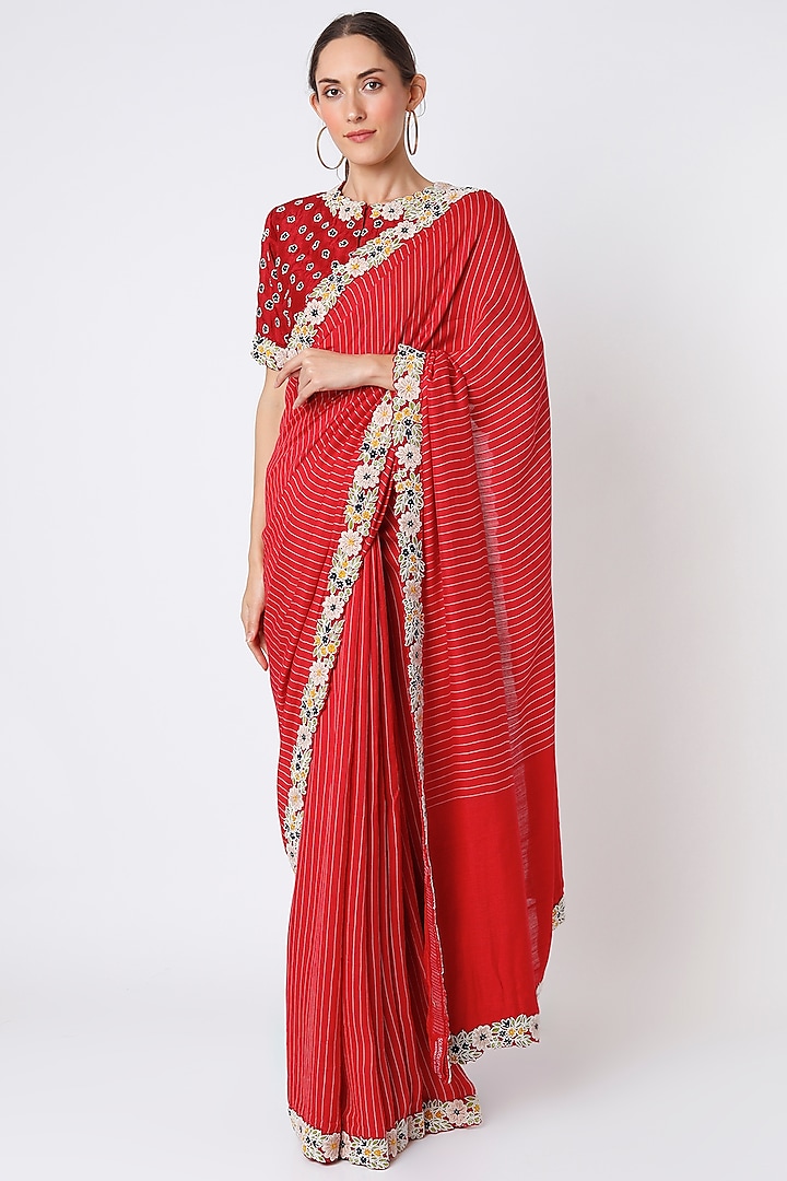 Bright Red Silk Moti Embroidered Saree Set by Soumodeep Dutta