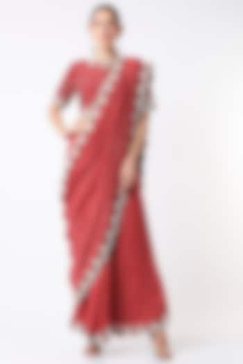Red Embroidered Skirt Saree Set by Soumodeep Dutta