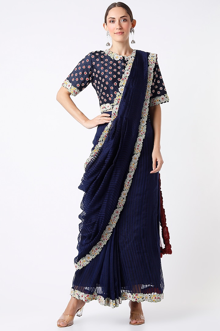 Dark Blue Silk Hand Embroidered Pre-Stitched Skirt Saree Set by Soumodeep Dutta