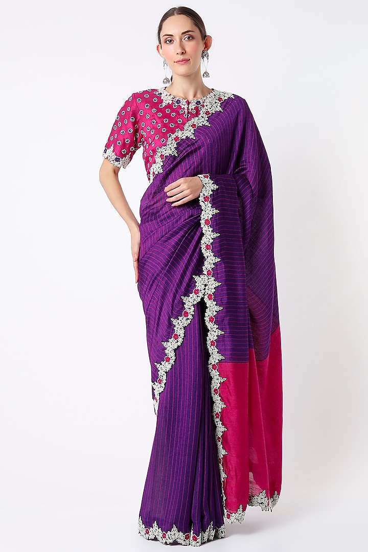 Purple Hand Embroidered Saree Set by Soumodeep Dutta
