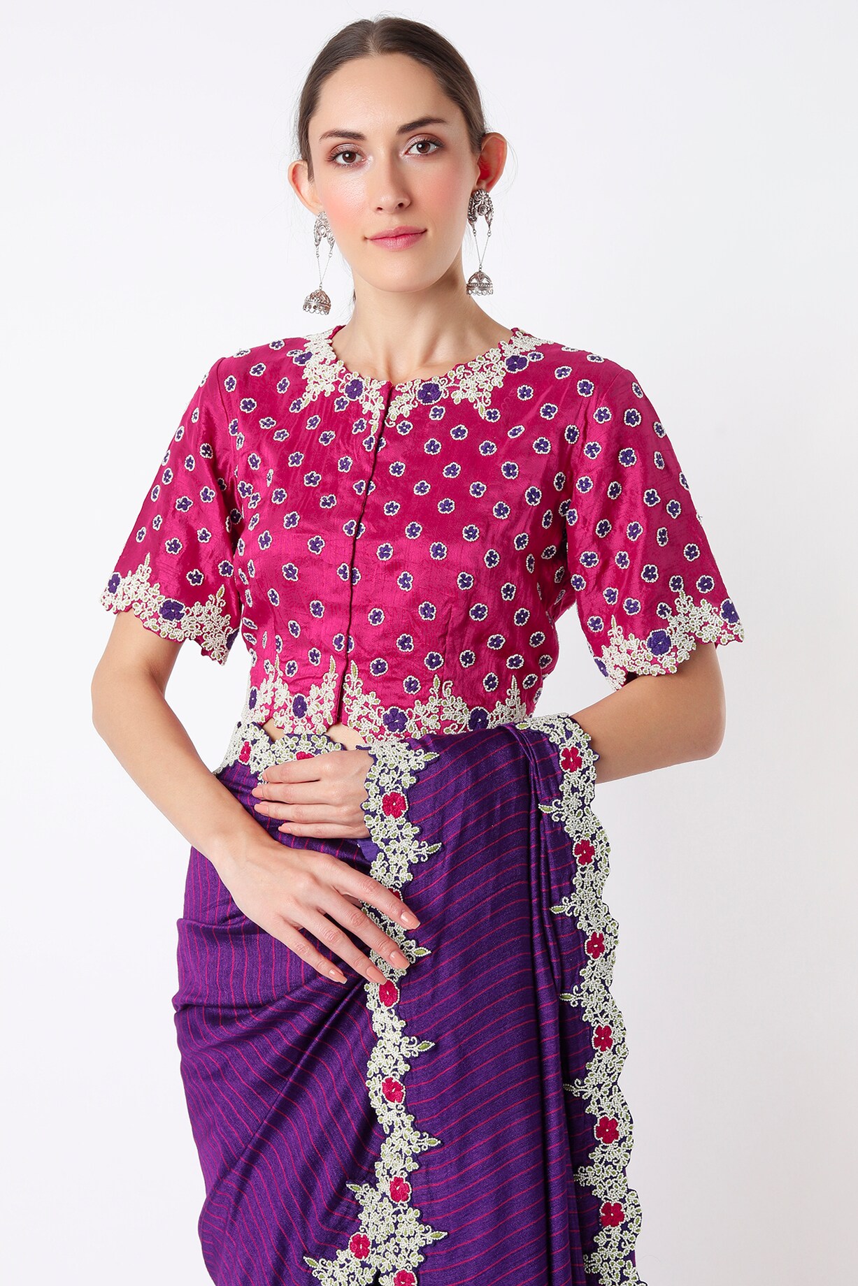 Purple Saree Set with Hand Embroidery main image 0