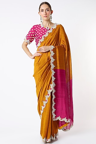 Mustard Hand Embroidered Saree Set by Soumodeep Dutta