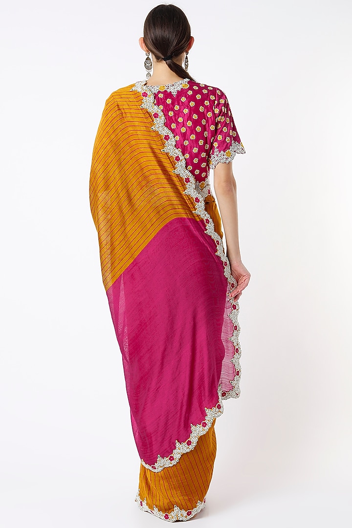 Mustard Hand Embroidered Wedding Saree Set by Soumodeep Dutta at Pernia's Pop Up Shop