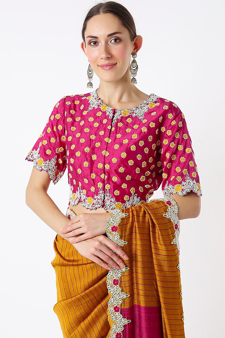 Mustard Hand Embroidered Wedding Saree Set by Soumodeep Dutta at Pernia's Pop Up Shop