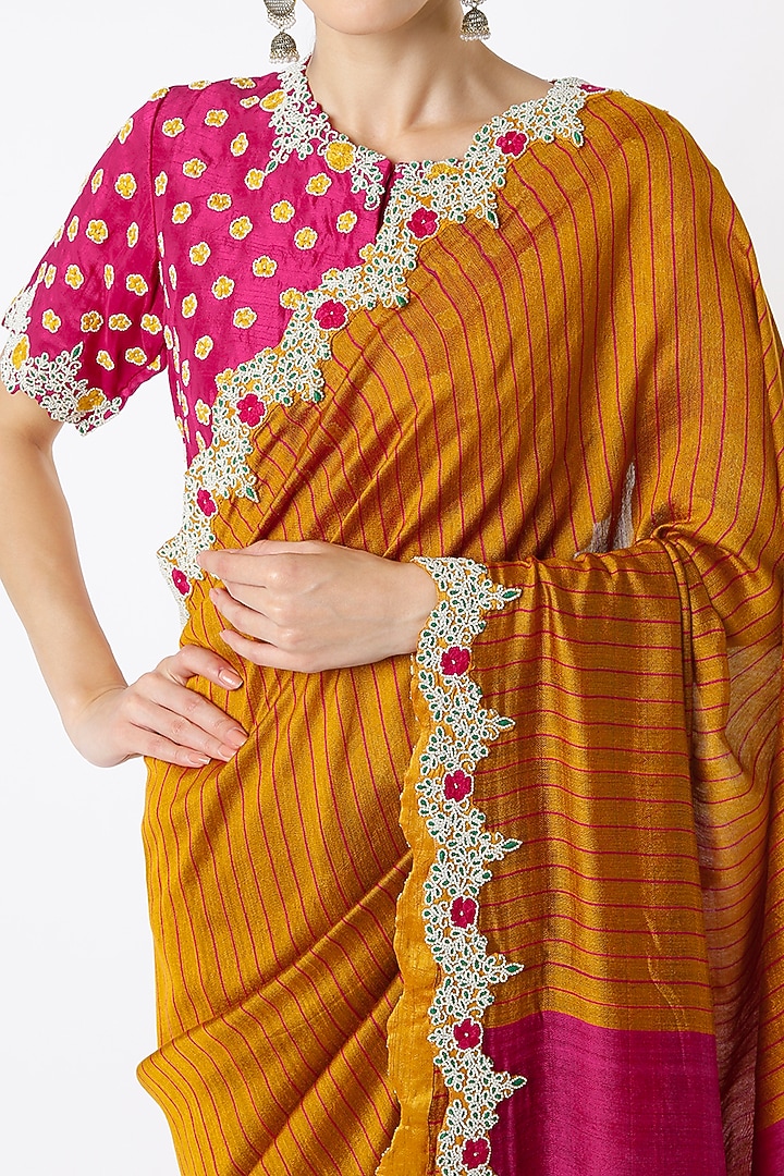 Mustard Hand Embroidered Wedding Saree Set by Soumodeep Dutta at Pernia's Pop Up Shop