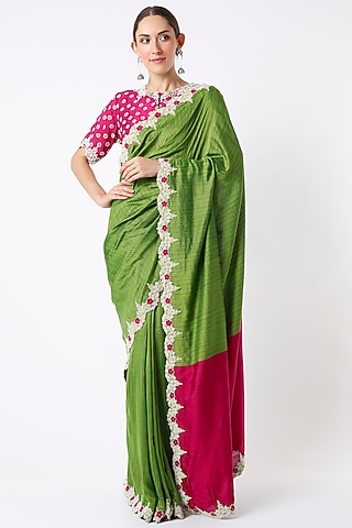 Green Hand Embroidered Saree Set by Soumodeep Dutta