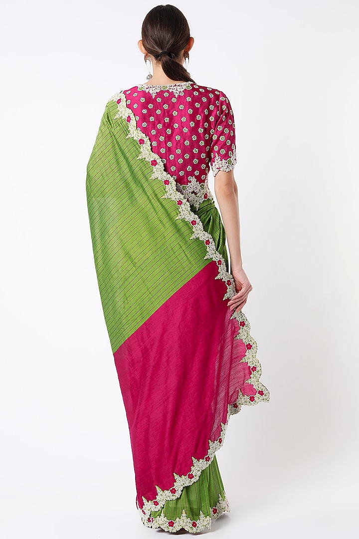 Green Hand Embroidered Wedding Saree Set by Soumodeep Dutta at Pernia's Pop Up Shop