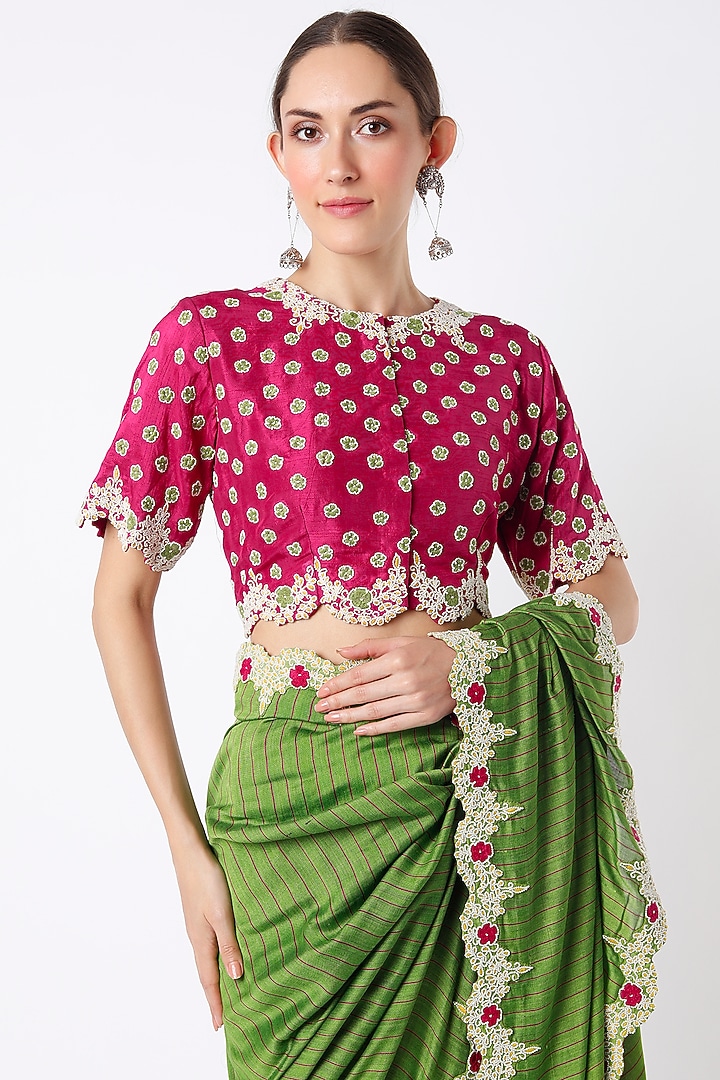 Green Hand Embroidered Wedding Saree Set by Soumodeep Dutta at Pernia's Pop Up Shop