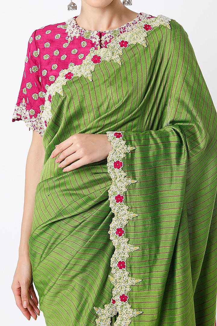 Green Hand Embroidered Wedding Saree Set by Soumodeep Dutta at Pernia's Pop Up Shop