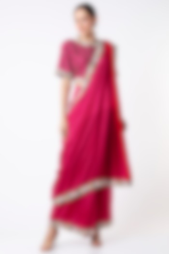 Fuchsia Embroidered Skirt Saree Set by Soumodeep Dutta