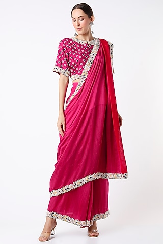 Fuchsia Silk Hand Embroidered Draped Skirt Saree Set by Soumodeep Dutta