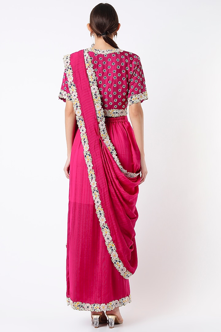 Fuchsia Silk Hand Embroidered Draped Skirt Wedding Saree Set by Soumodeep Dutta at Pernia's Pop Up Shop