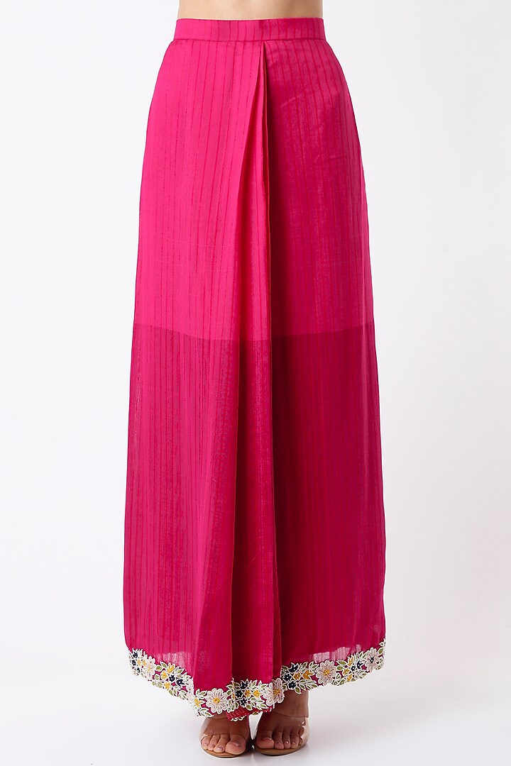 Fuchsia Silk Hand Embroidered Draped Skirt Wedding Saree Set by Soumodeep Dutta at Pernia's Pop Up Shop