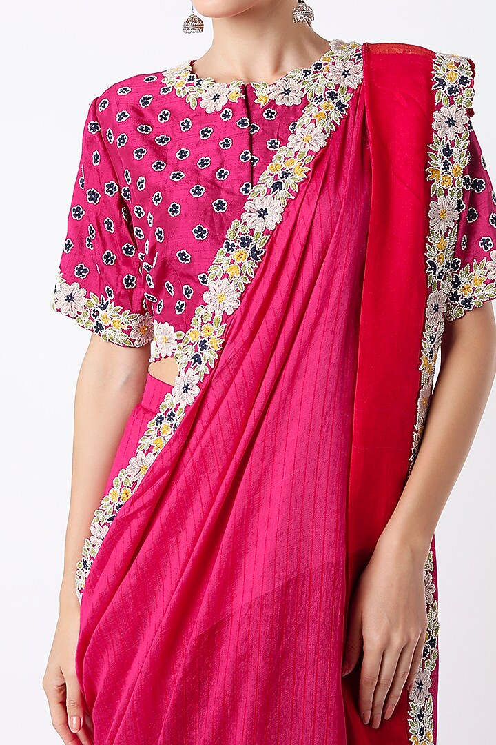 Fuchsia Silk Hand Embroidered Draped Skirt Wedding Saree Set by Soumodeep Dutta at Pernia's Pop Up Shop