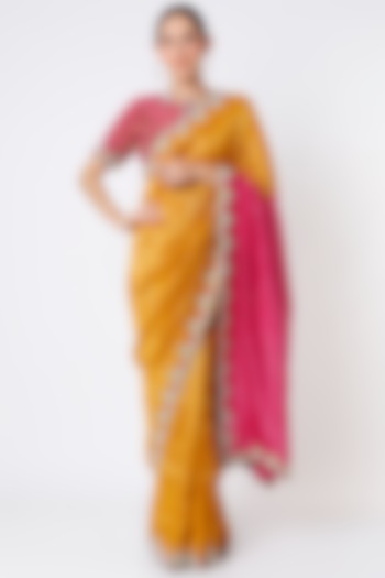 Mustard Embroidered Wedding Saree Set by Soumodeep Dutta at Pernia's Pop Up Shop