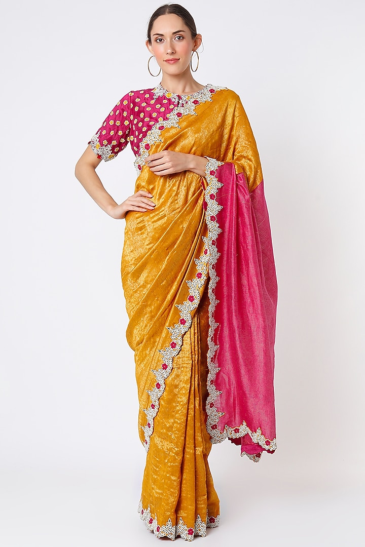 Mustard Embroidered Wedding Saree Set by Soumodeep Dutta at Pernia's Pop Up Shop