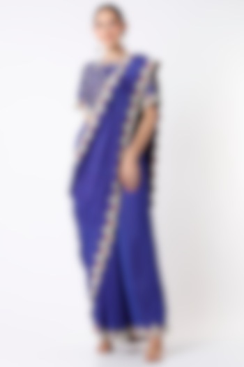 Royal Blue Silk Hand Embroidered Skirt Wedding Saree Set by Soumodeep Dutta at Pernia's Pop Up Shop