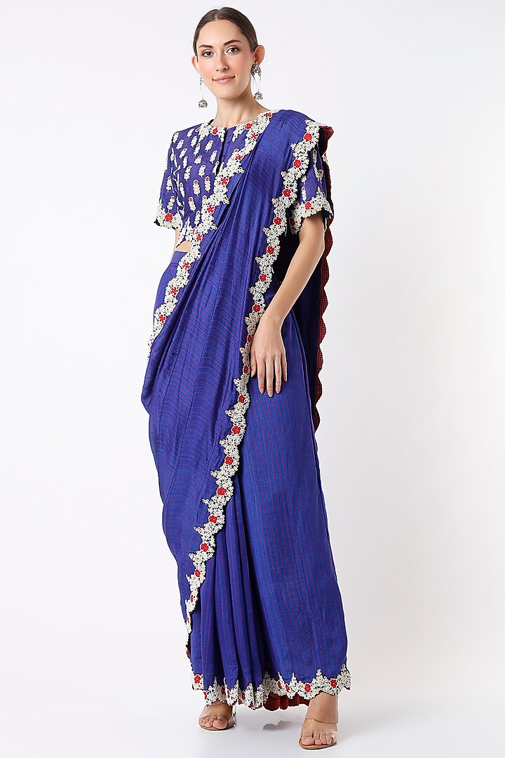 Royal Blue Embroidered Skirt Saree Set by Soumodeep Dutta
