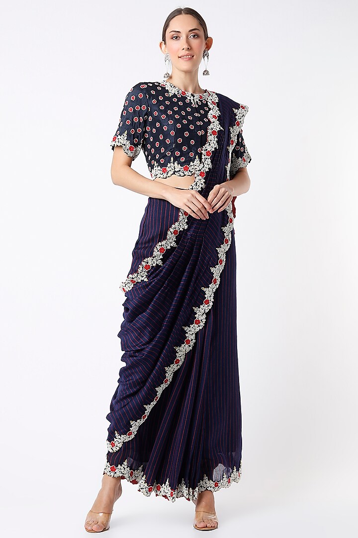 Dark Blue Silk Pre-Stitched Draped Skirt Saree Set by Soumodeep Dutta
