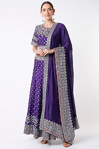 Purple Hand Embroidered Lehenga Set by Soumodeep Dutta