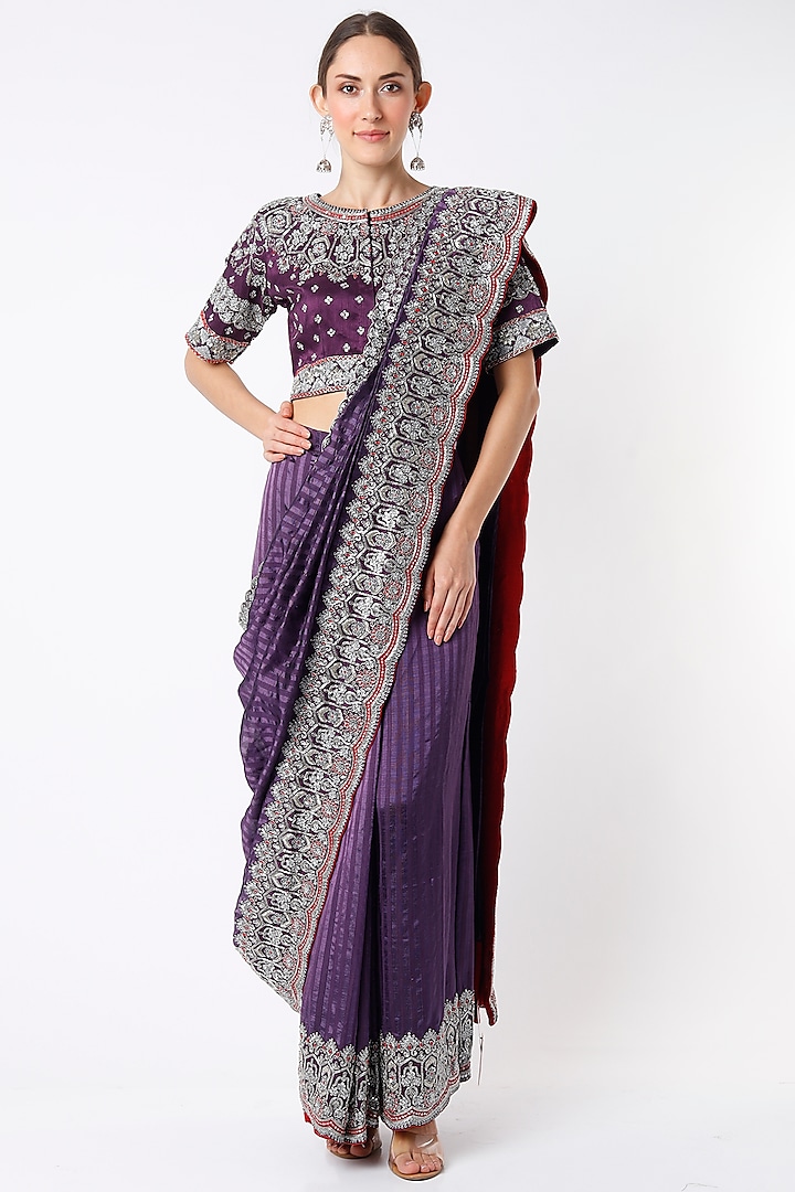 Violet Silk Hand Embroidered Skirt Saree Set by Soumodeep Dutta at Pernia's Pop Up Shop