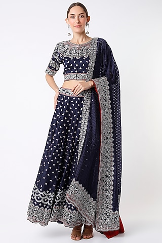 Dark Blue Hand Embroidered Lehenga Set by Soumodeep Dutta