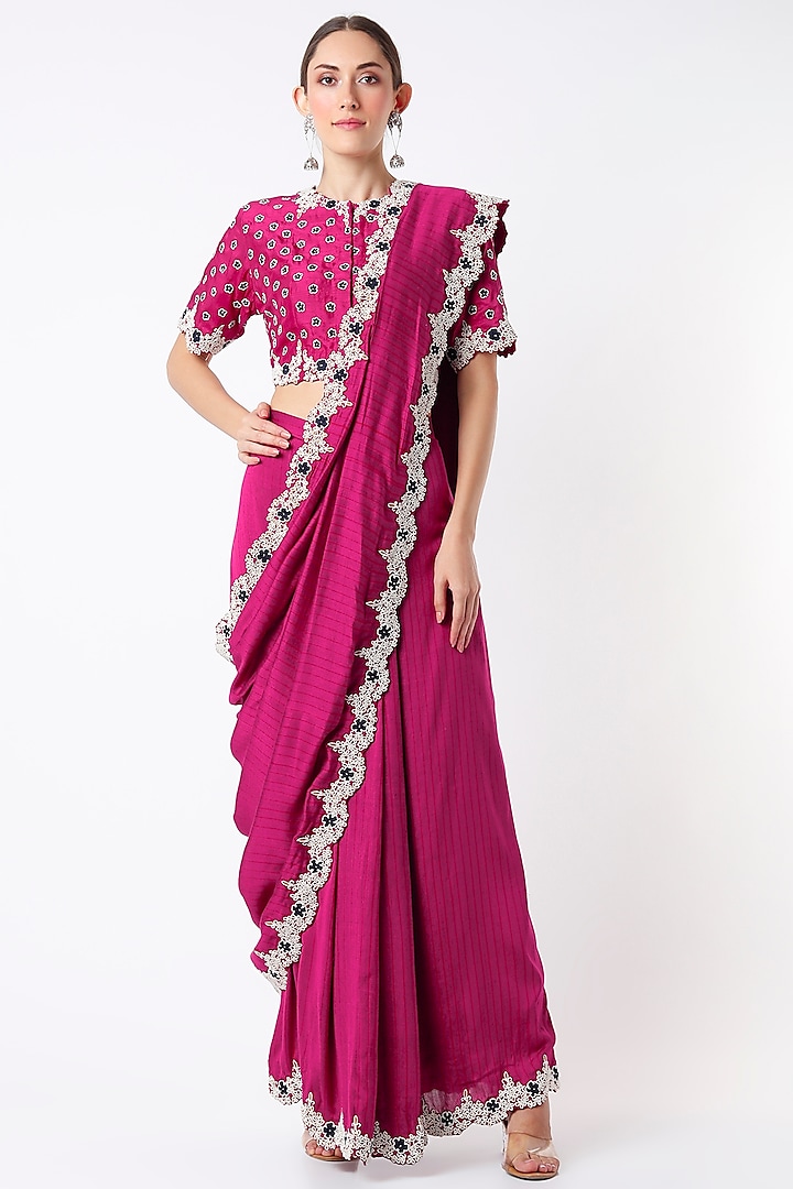 Fuchsia Silk Hand Embroidered Draped Skirt Saree Set by Soumodeep Dutta