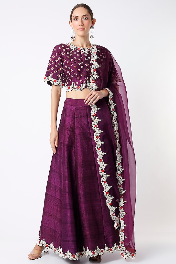 Purple Hand Embroidered Lehenga Set by Soumodeep Dutta