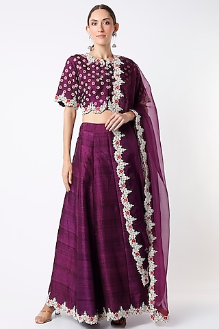 Purple Hand Embroidered Lehenga Set by Soumodeep Dutta