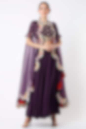 Violet Hand Embroidered Cape Set by Soumodeep Dutta