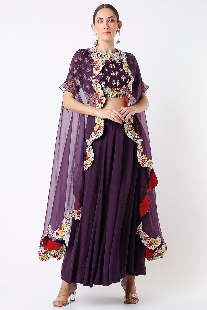 Violet Hand Embroidered Cape Set by Soumodeep Dutta