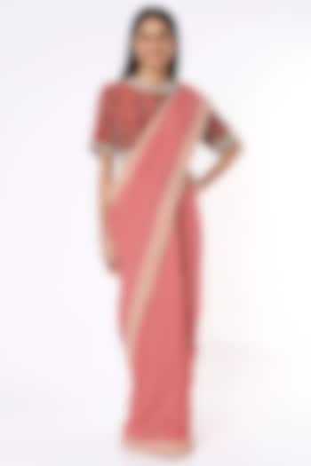 Red Linen Silk Handloom Saree by Soumodeep Dutta