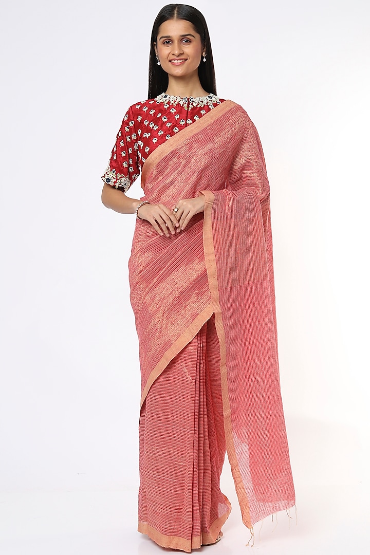 Red Handloom Saree In Linen Silk by Soumodeep Dutta