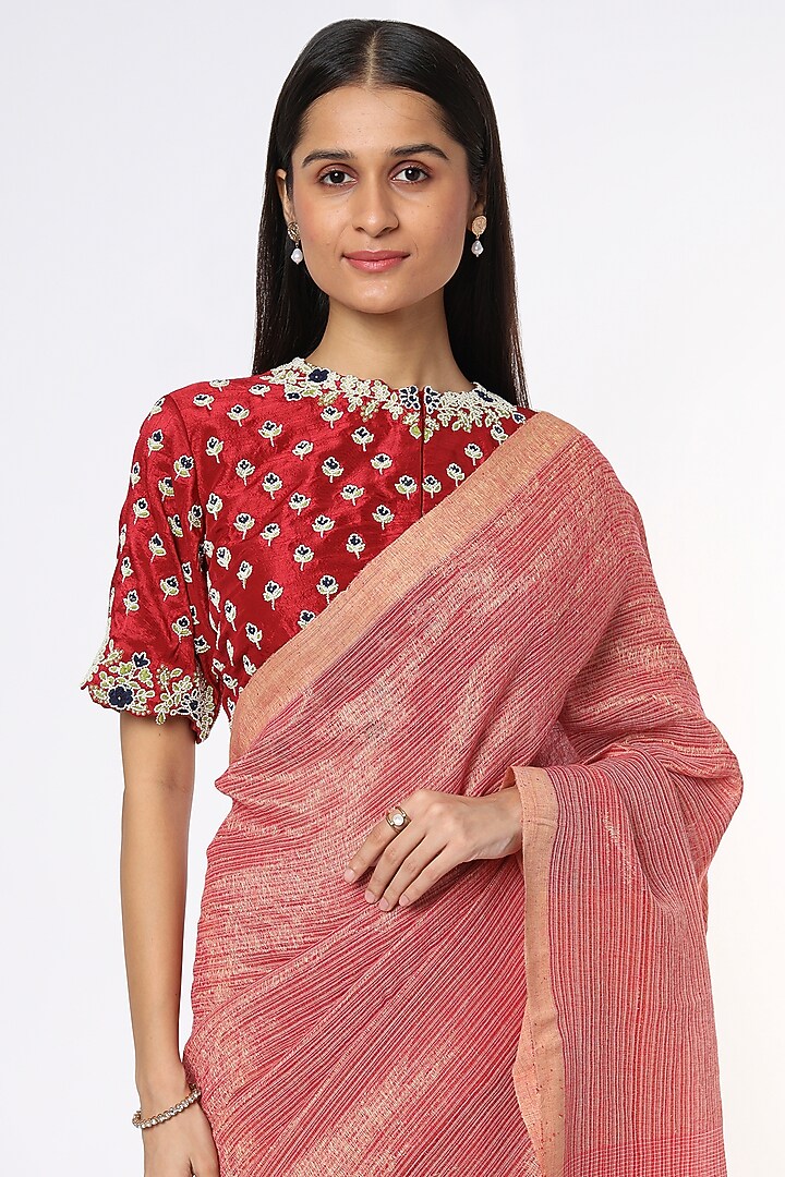 Red Handloom Festive Saree In Linen Silk by Soumodeep Dutta at Pernia's Pop Up Shop