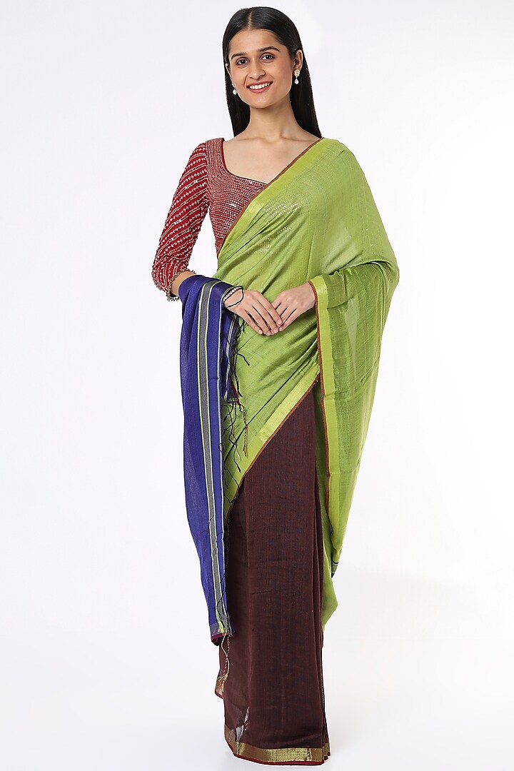 Parrot Green & Brown Silk Handloom Saree by Soumodeep Dutta