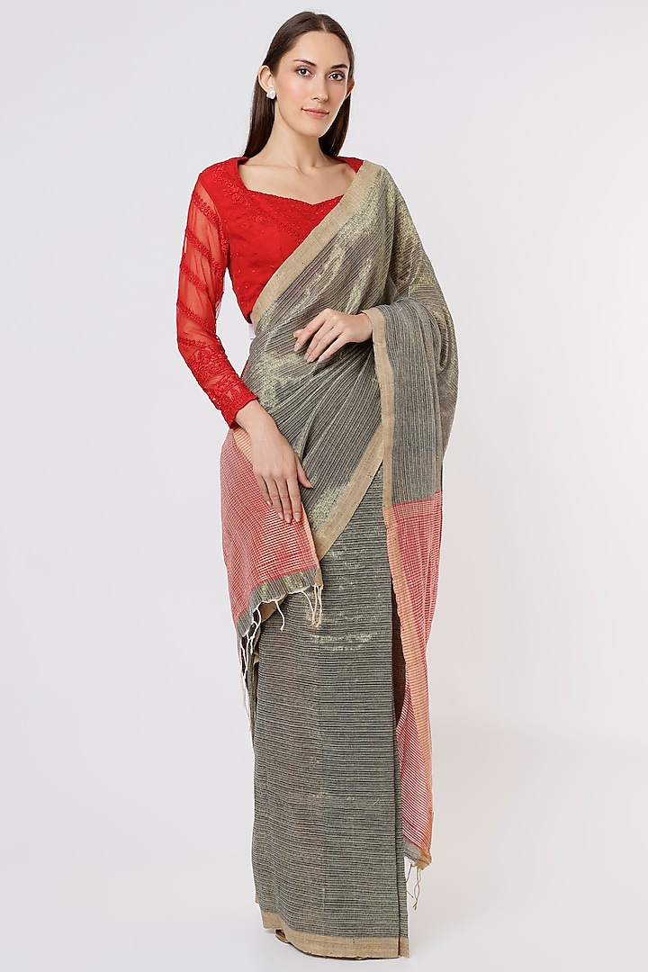 Black Linen Silk Handloom Saree by Soumodeep Dutta
