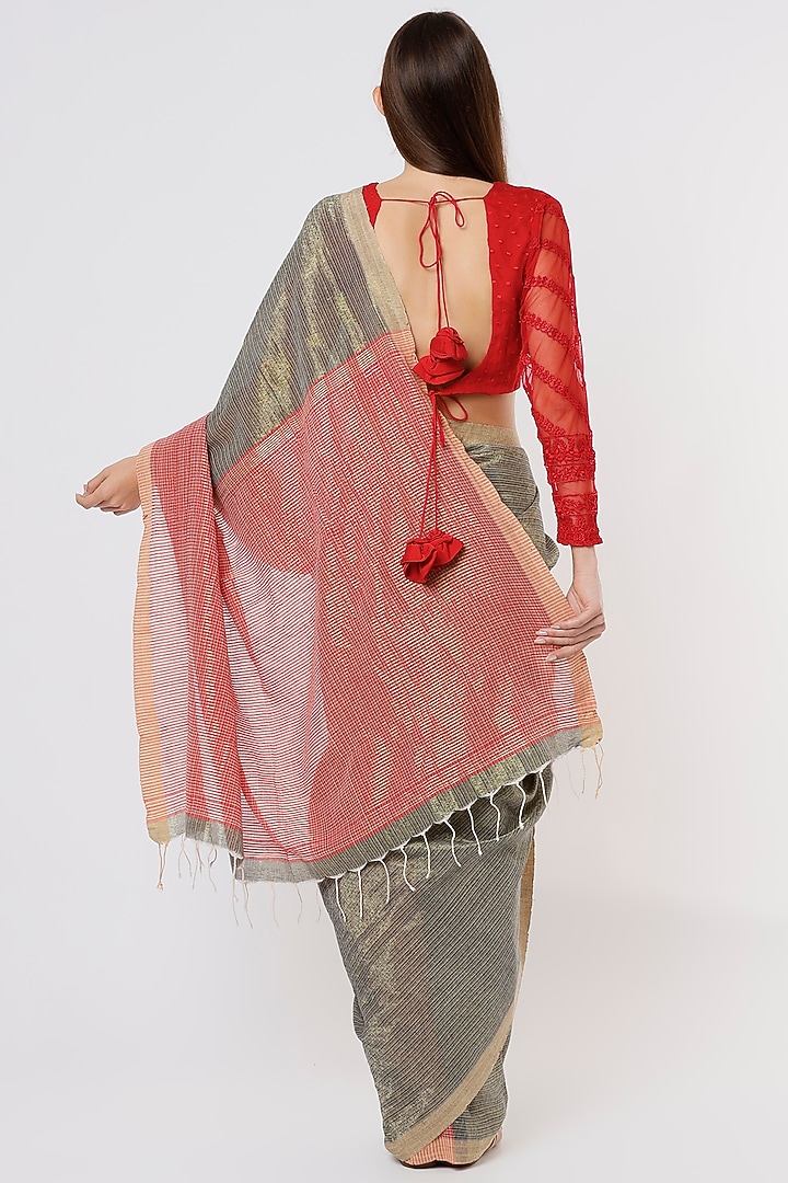 Black Linen Silk Handloom Festive Saree by Soumodeep Dutta at Pernia's Pop Up Shop