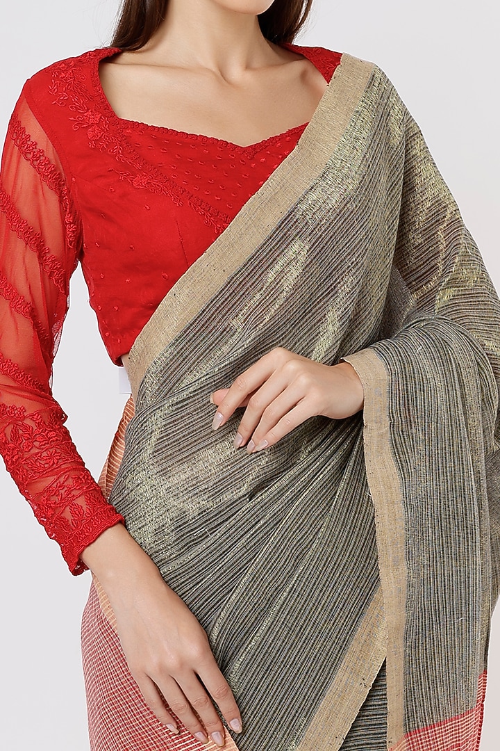 Black Linen Silk Handloom Festive Saree by Soumodeep Dutta at Pernia's Pop Up Shop