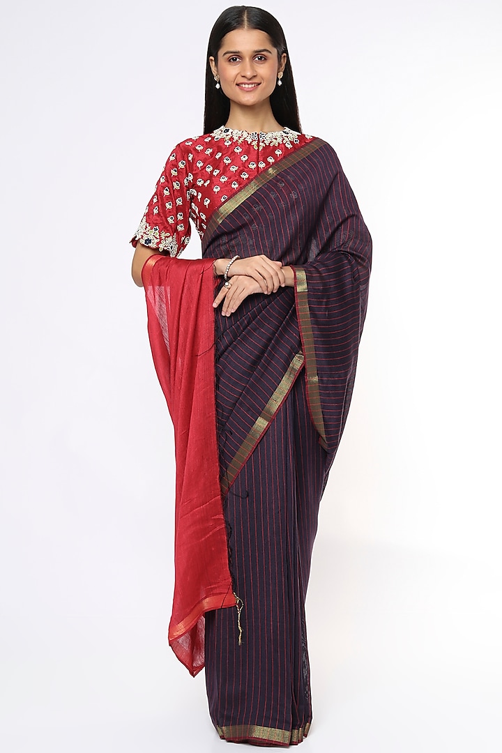 Deep Grey & Red Striped Handloom Saree by Soumodeep Dutta at Pernia's Pop Up Shop