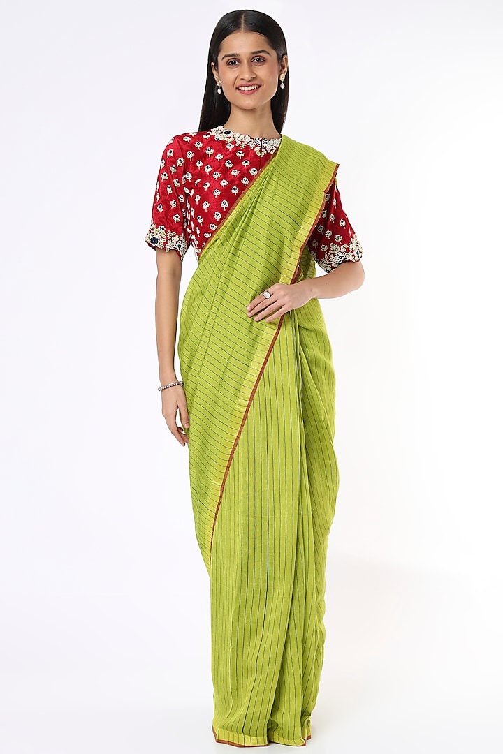 Banana Green Silk Handloom Saree by Soumodeep Dutta at Pernia's Pop Up Shop