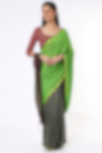 Parrot Green & Moss Brown Silk Handloom Saree by Soumodeep Dutta