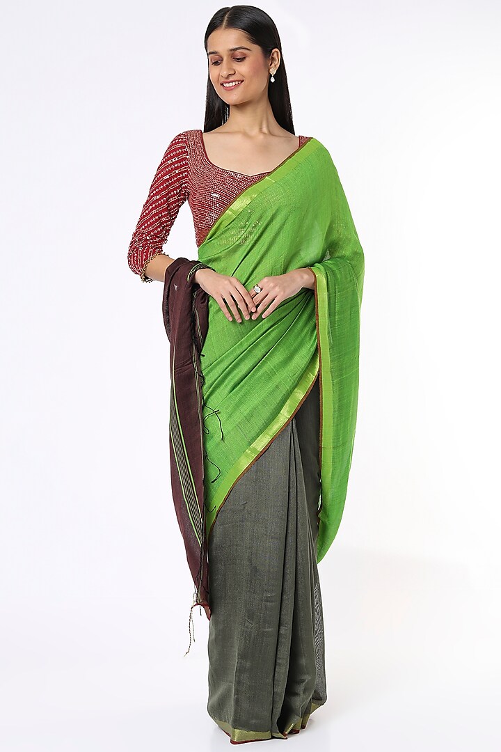 Parrot Green & Moss Brown Silk Handloom Saree by Soumodeep Dutta