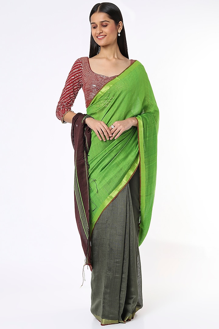 Parrot Green & Moss Brown Silk Handloom Saree by Soumodeep Dutta at Pernia's Pop Up Shop