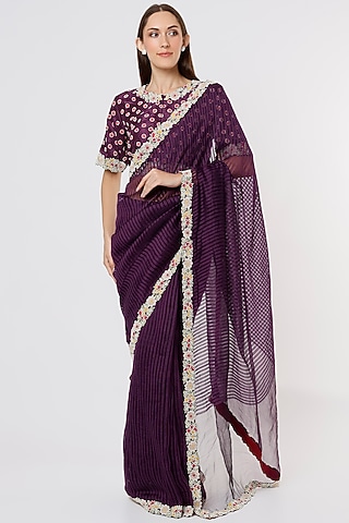 Deep Violet Hand Embroidered Saree Set by Soumodeep Dutta