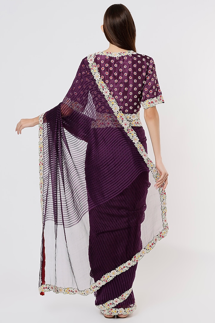 Deep Violet Hand Embroidered Wedding Saree Set by Soumodeep Dutta at Pernia's Pop Up Shop