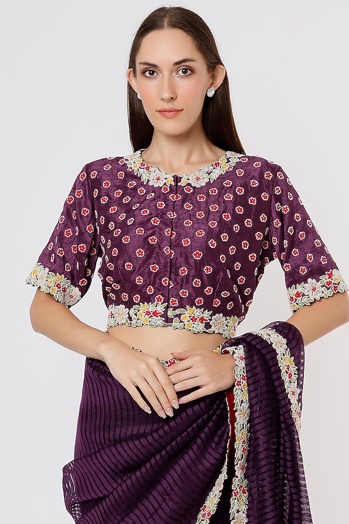 Deep Violet Hand Embroidered Wedding Saree Set by Soumodeep Dutta at Pernia's Pop Up Shop