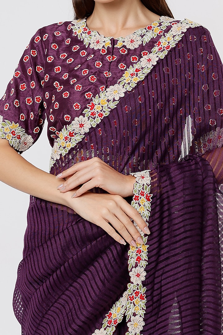 Deep Violet Hand Embroidered Wedding Saree Set by Soumodeep Dutta at Pernia's Pop Up Shop