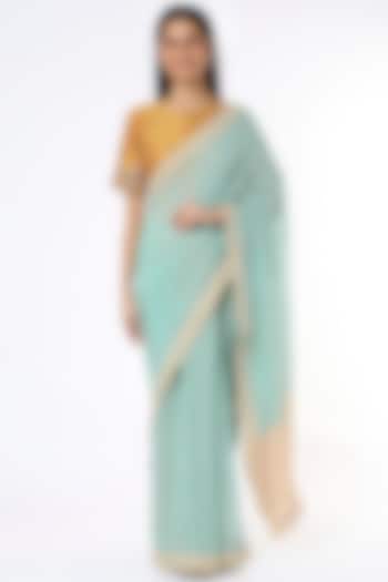 Sky Blue Linen Silk Handloom Saree by Soumodeep Dutta